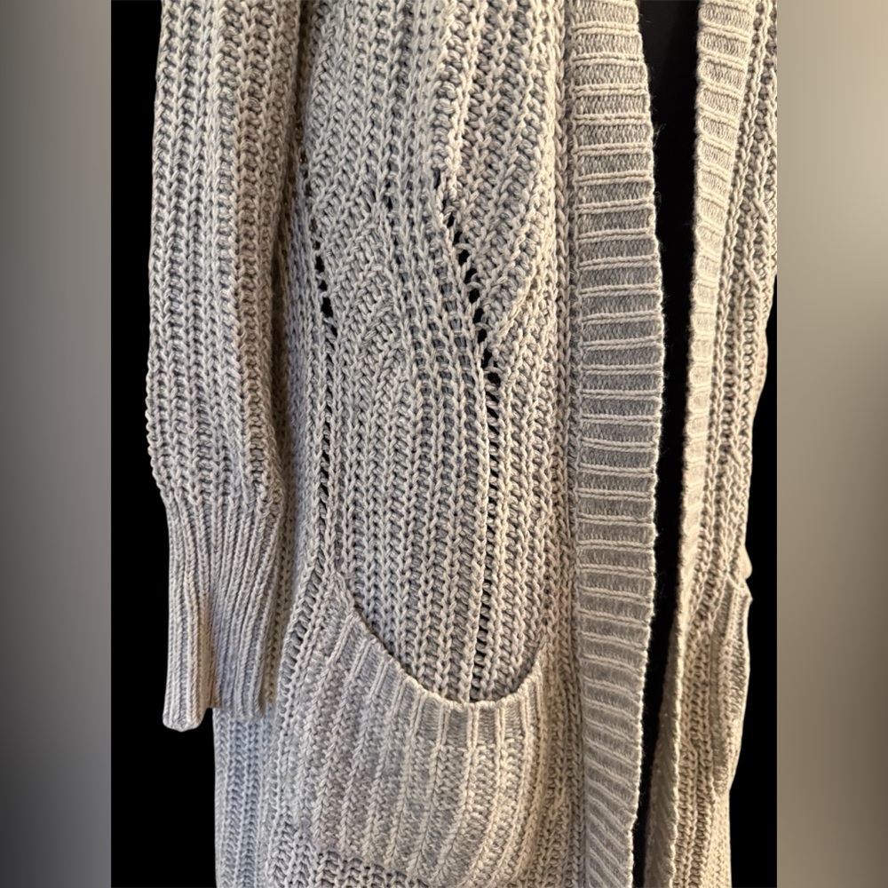 Anthro Moth Grey Open Front Chunky Knit Long Cardigan Cotton/Cashmere Blend SzS - Picture 7 of 15